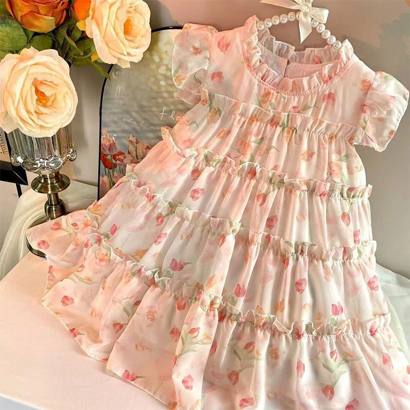 Toddler Girls Summer Ruffle Dress Casual Floral Print A-Line Dress 