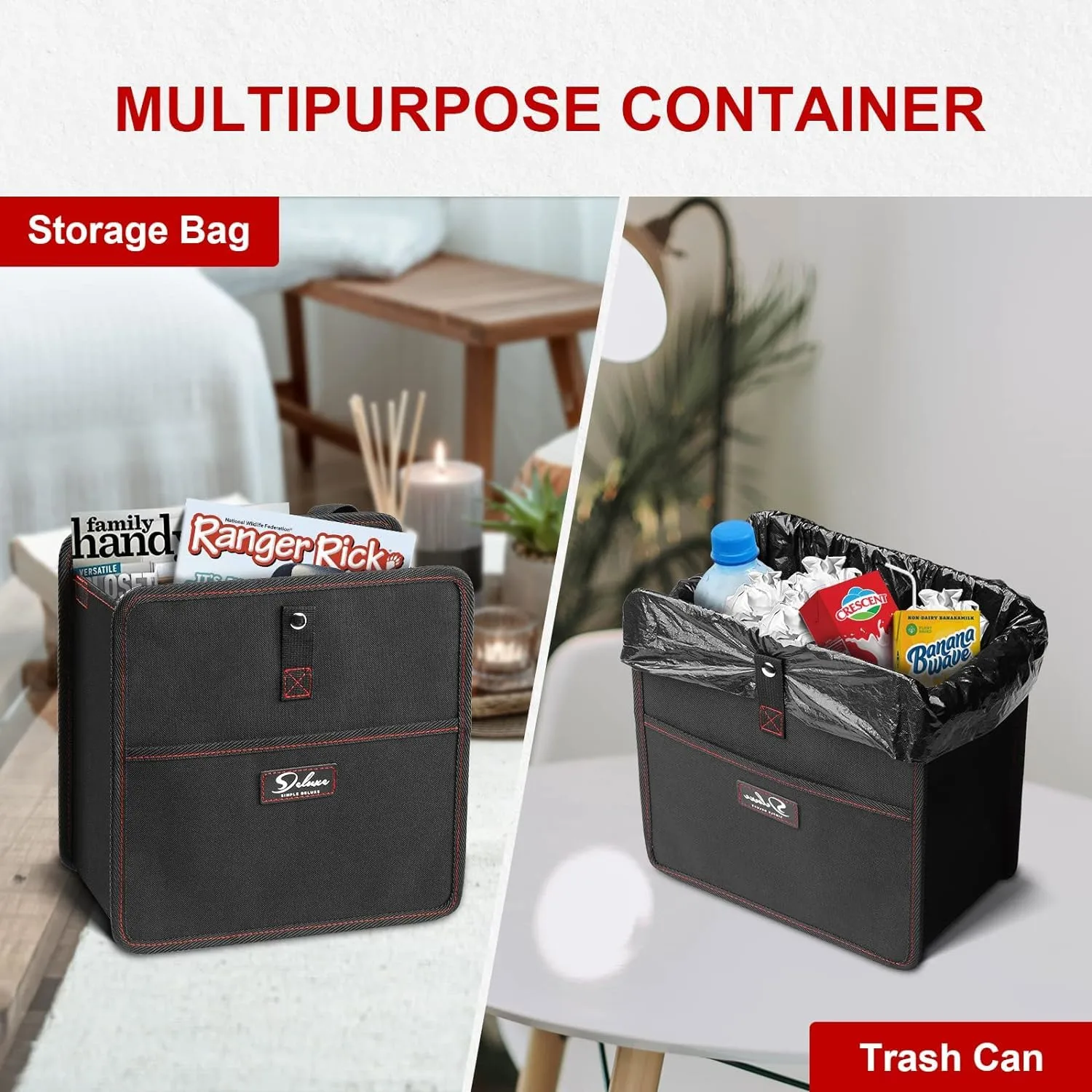 Simple Deluxe Car Trash Can, Leak-Proof Car Garbage Can with Cokkapsible Adjustable Straps, Portable and Trash Bag with Storage Pockets, 3 Gallon, Black