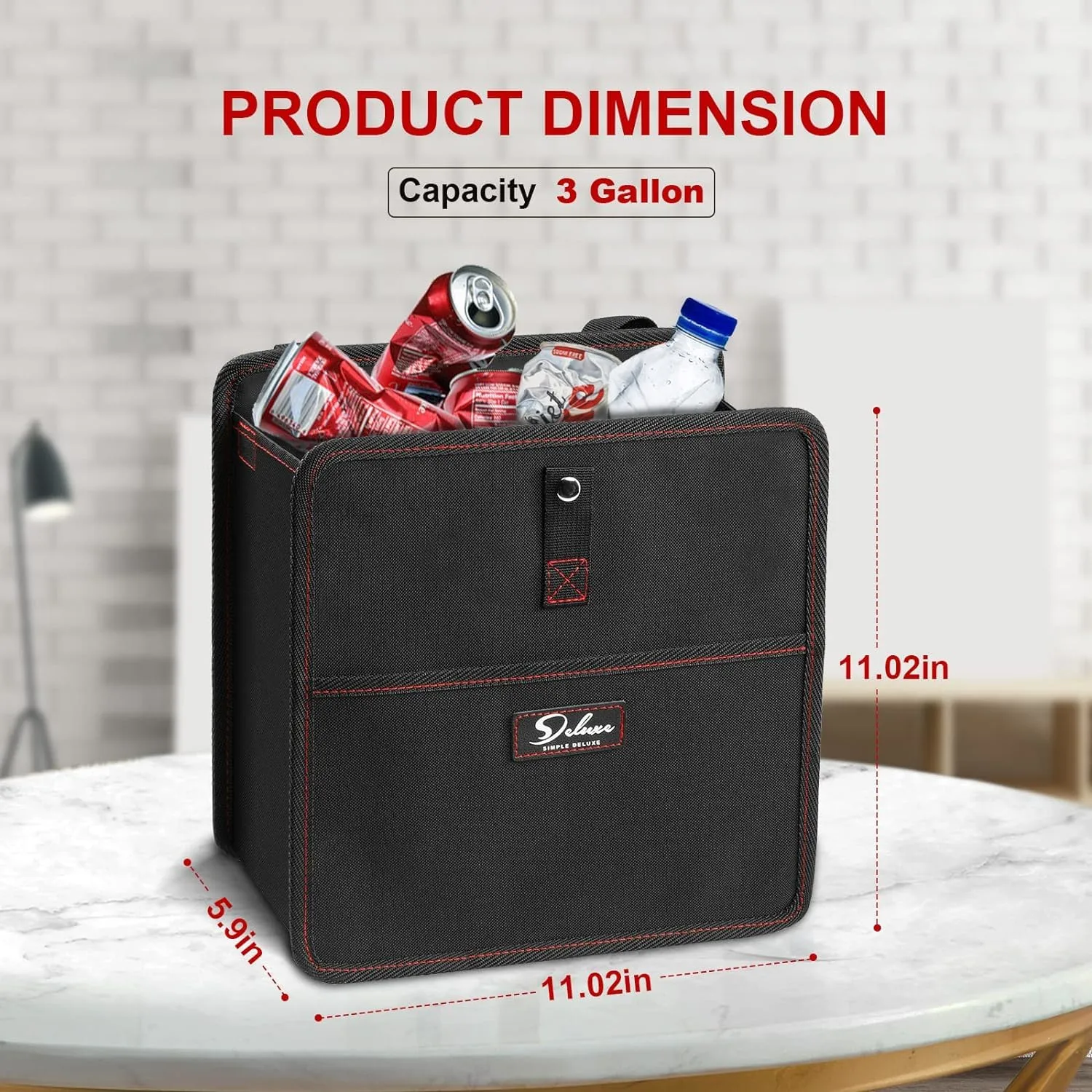 Simple Deluxe Car Trash Can, Leak-Proof Car Garbage Can with Cokkapsible Adjustable Straps, Portable and Trash Bag with Storage Pockets, 3 Gallon, Black