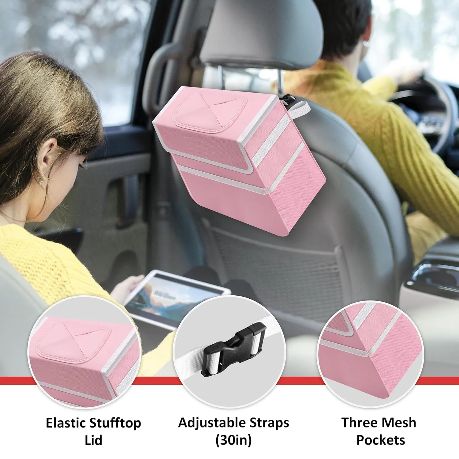 Simple Deluxe Car Trash Can, Multipurpose Bin with Lid and Storage Pockets, Collapsible Adjustable Straps and Portable Organizer, 2 Gallon, Pink
