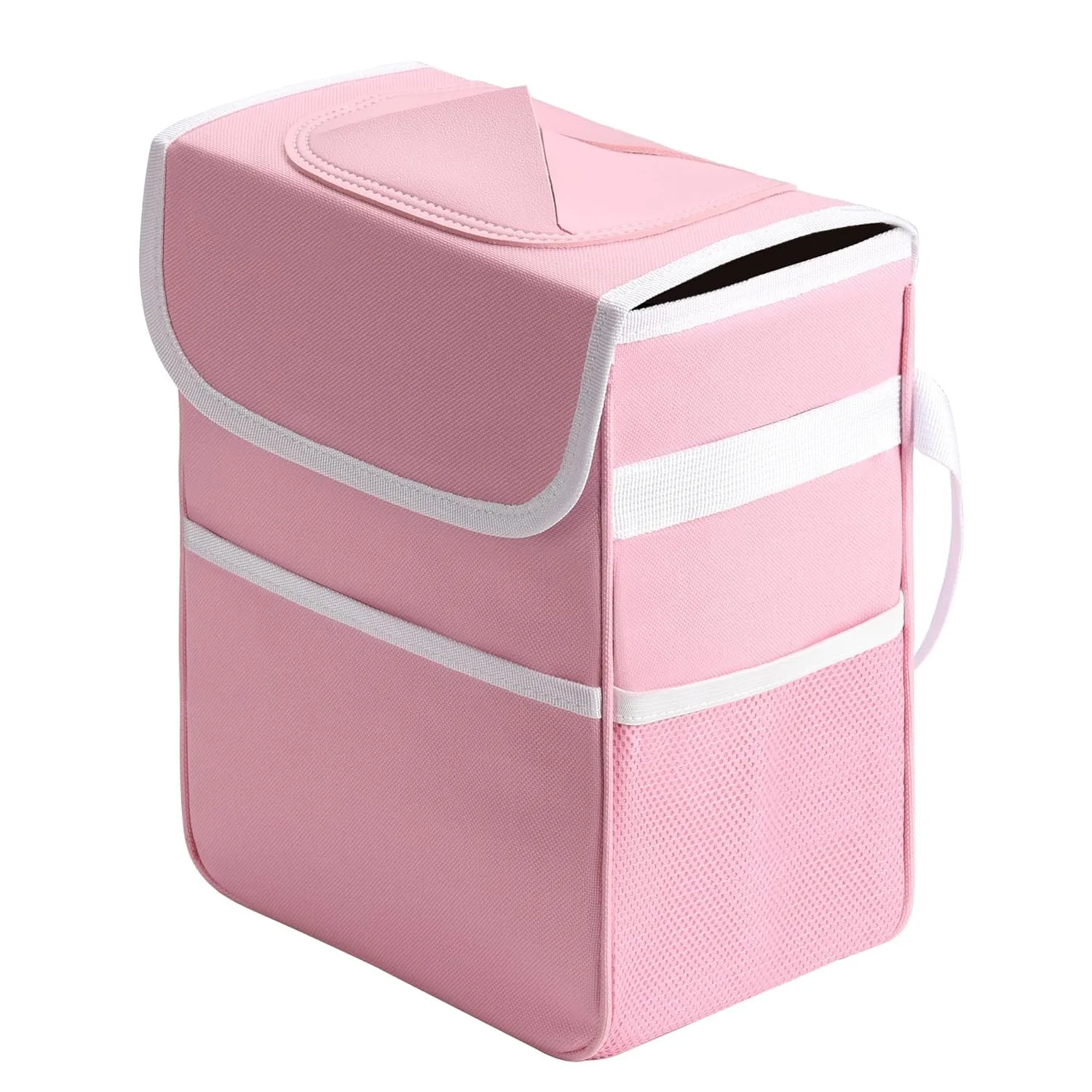 Simple Deluxe Car Trash Can, Multipurpose Bin with Lid and Storage Pockets, Collapsible Adjustable Straps and Portable Organizer, 2 Gallon, Pink