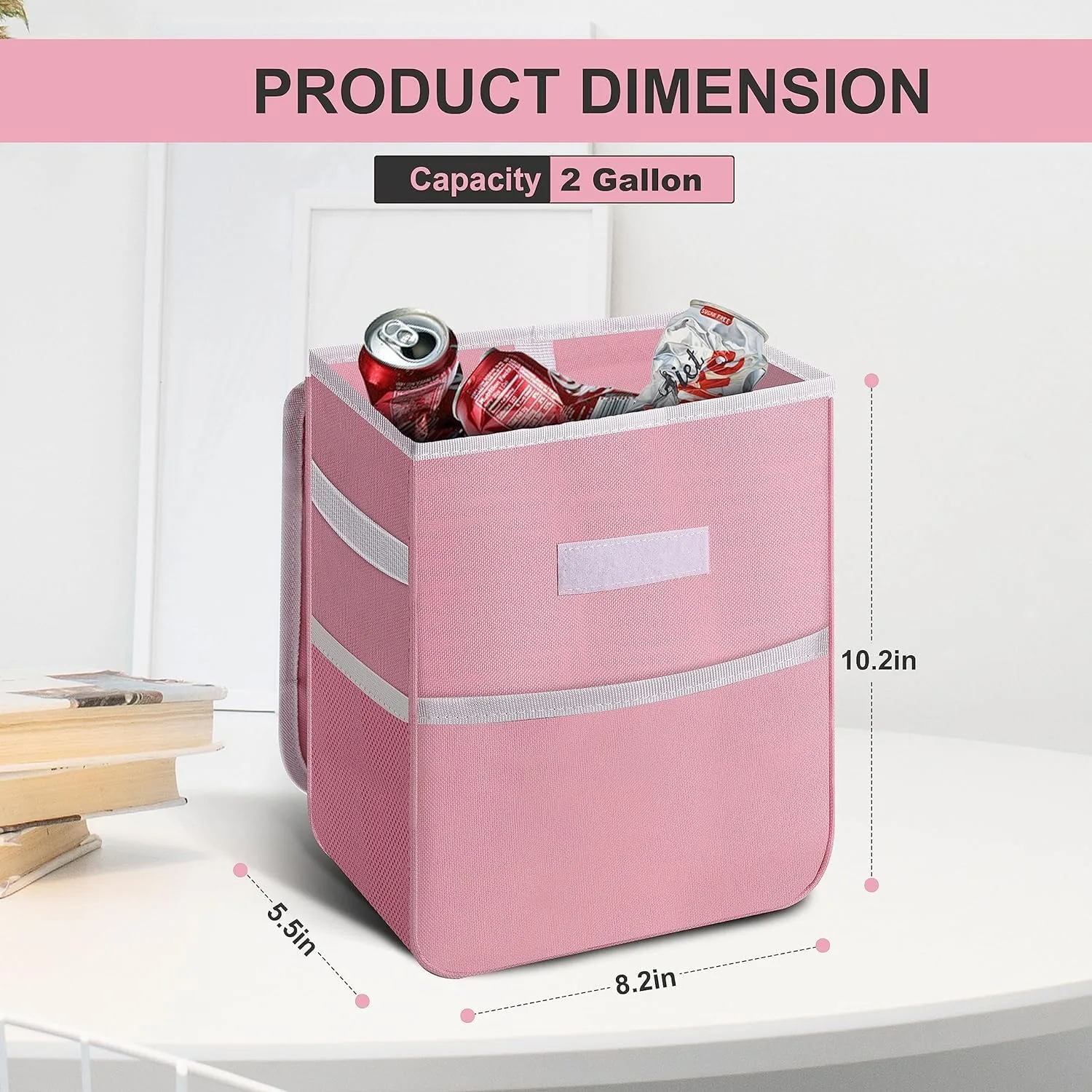Simple Deluxe Car Trash Can, Multipurpose Bin with Lid and Storage Pockets, Collapsible Adjustable Straps and Portable Organizer, 2 Gallon, Pink