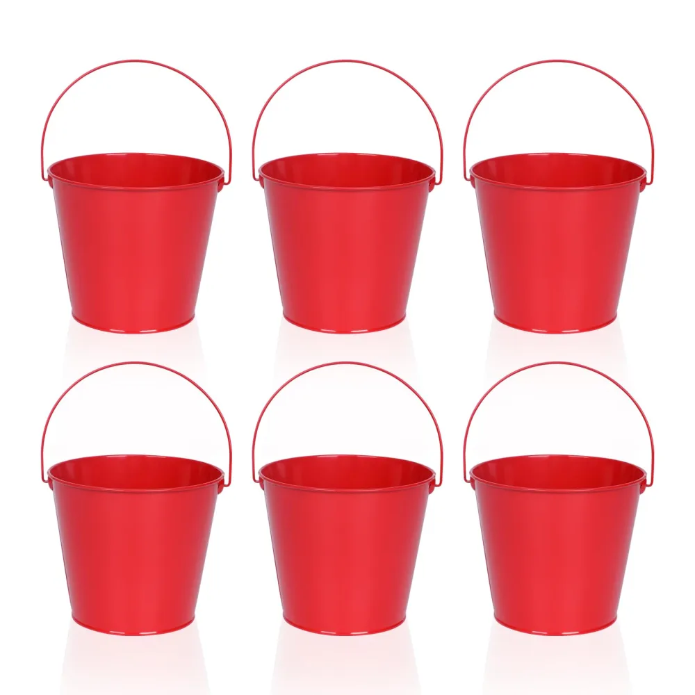 6 Pack Small Metal Buckets with Handles,60 fl oz Capacity Party Bucket for Organizing & Decorating, Galvanized Mini Buckets for Party,Crafts and Classroom（Red, 6" Top）