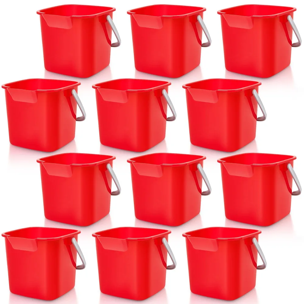 Irenare 12 Pcs Sanitizer Bucket Cleaning Bucket 3 Quart Small Plastic Square Bucket with Outlet and Handles, Utility Bucket for Kitchen School Home Offices Commercial Use Food Service(Red)