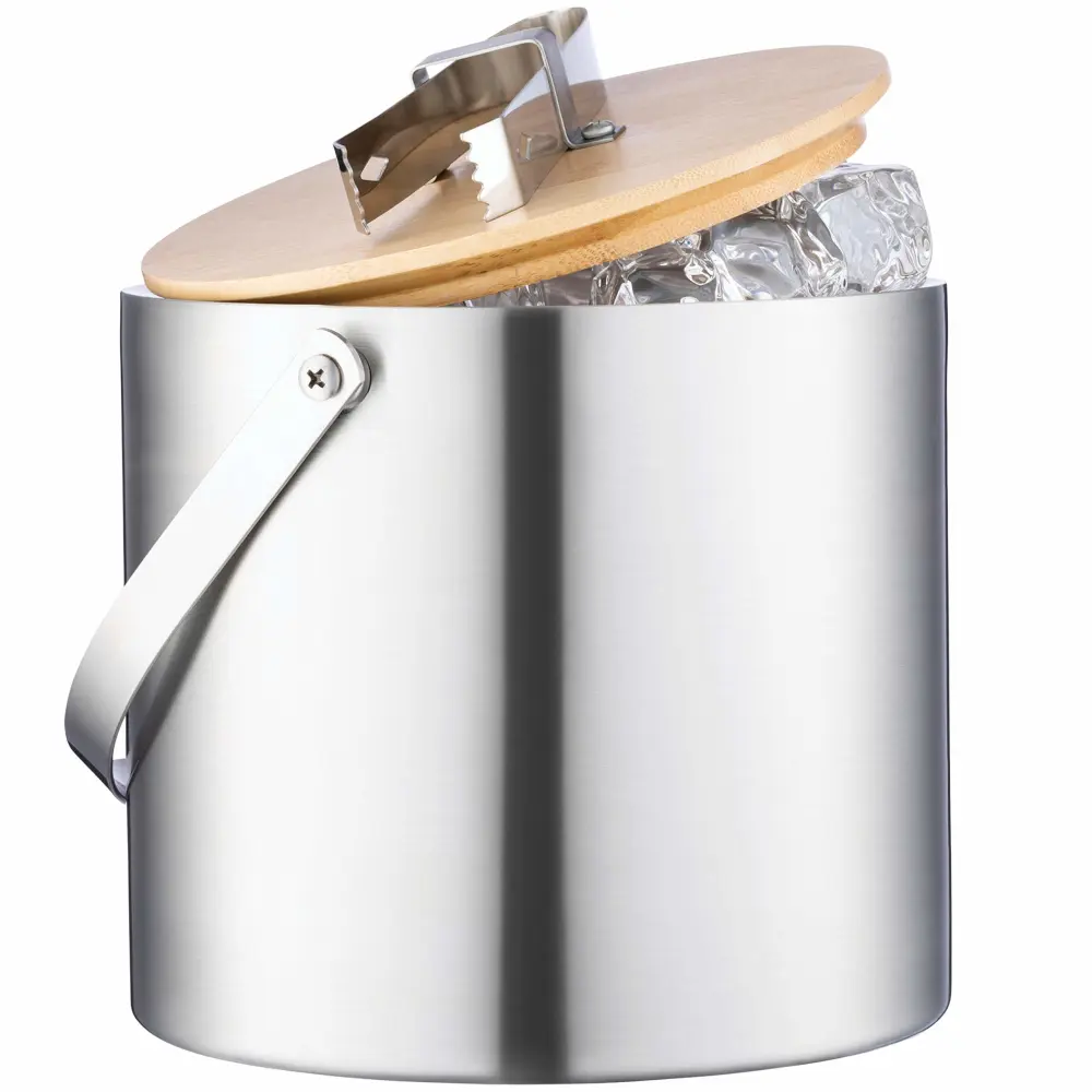 FineDine Double- Wall Stainless Steel Insulated Ice Bucket with Lid & Ice Tong - [3 Liter] Modern Wooden Lid with Built-in Tongs- Comfortable Carry Handle- for Home Bar, Chilling Beer Champagne