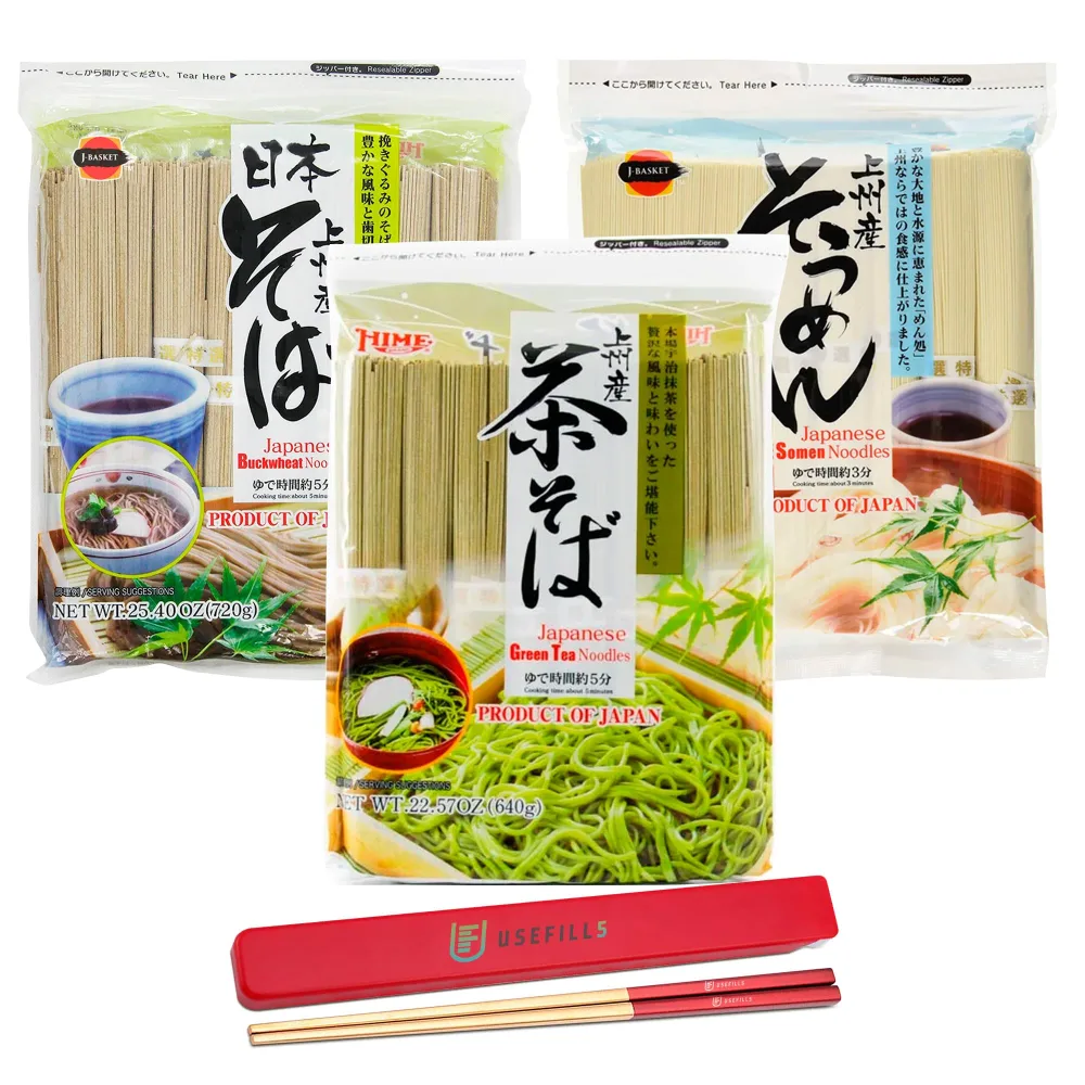 Japanese Ramen Noodles Asian Noodles 3 Bundle Includes J-Basket Japanese Dried Noodles Green Tea Cha Soba Noodles Buckwheat Somen Noodles Japanese Food with Branded Chopsticks by USEFILL5