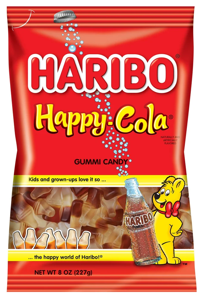 HARIBO Gummi Candy, Happy-Cola Gummy Candy Soda Bottles, 8 Ounce Value Bag, Delicious Soft & Chewy Sweet Snacks, Classic Cola Flavor