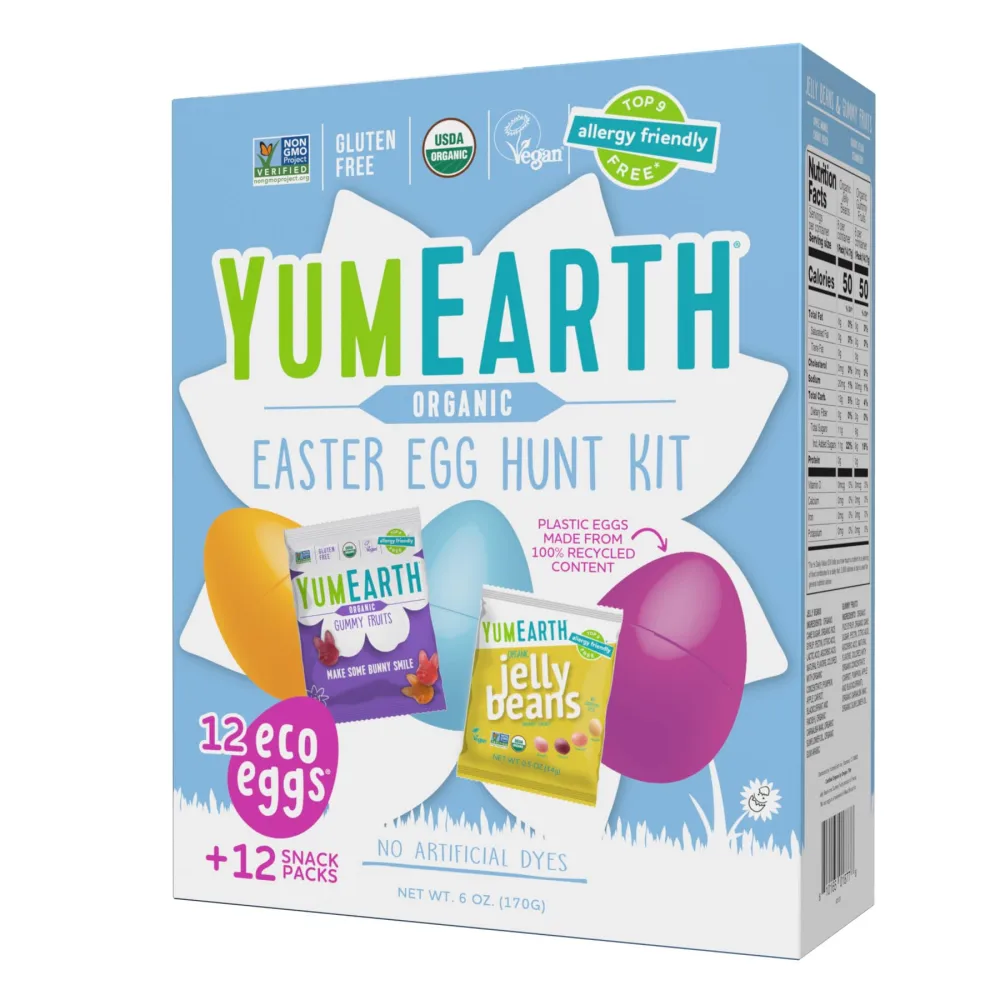 YumEarth Easter Egg Hunt Kit - 12 Eggs with Individually Wrapped Candy Snack Packs - Organic Gummy Fruits & Jelly Beans in Spring Flavors - Allergy Friendly, Gluten Free, Non-GMO, Vegan, No Artificial Flavors or Dyes