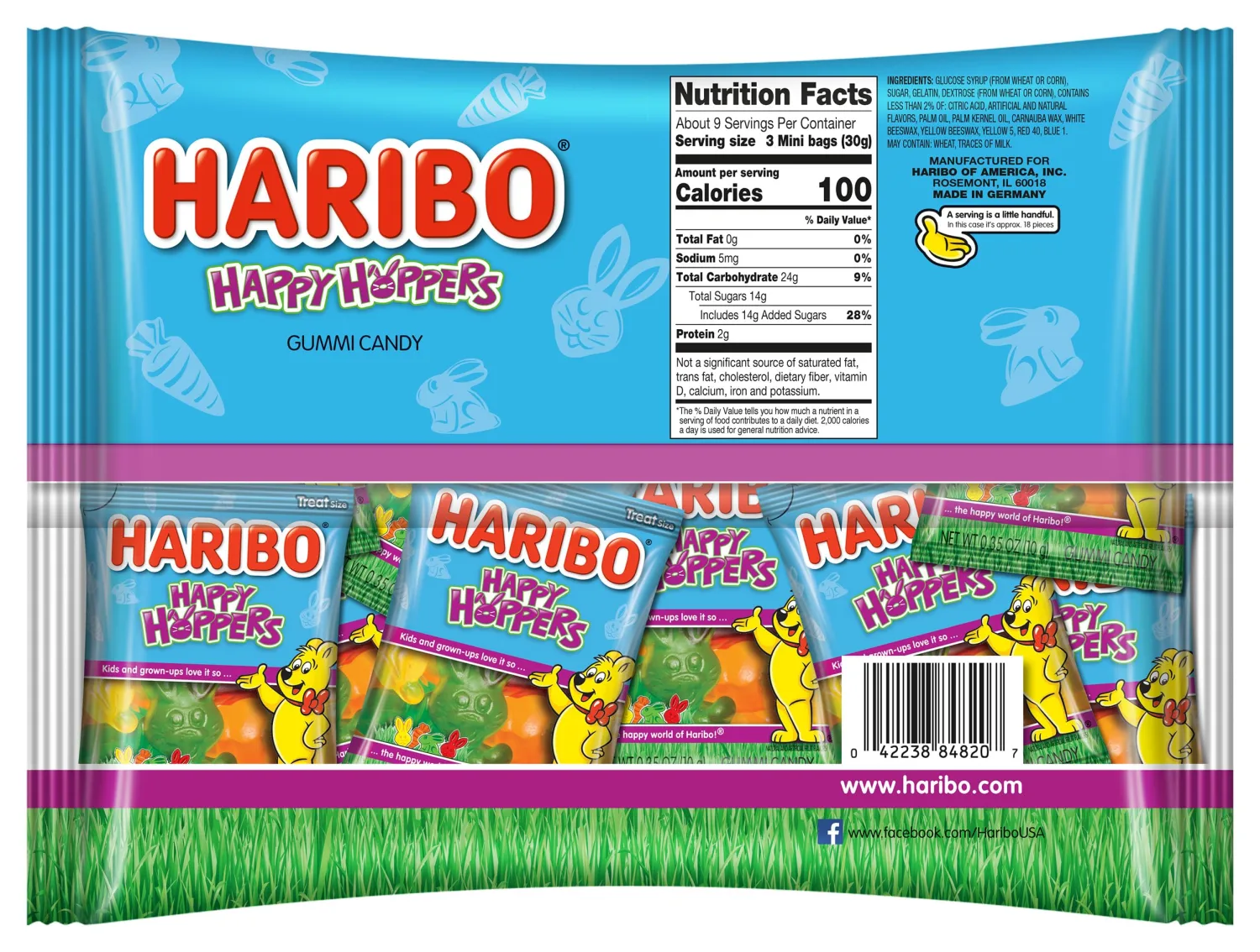 HARIBO Easter Happy Hoppers Gummi Candy, Individually Treat Size Wrapped Packets, 9.5 oz. Bag