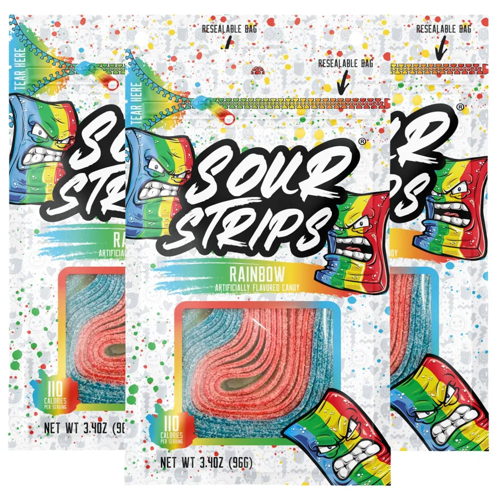 Sour Strips Flavored Sour Candy Strips, Deliciously Sour Chewy Candy Belts, Vegetarian Candies, 3 Pack (Rainbow (3-Pack))