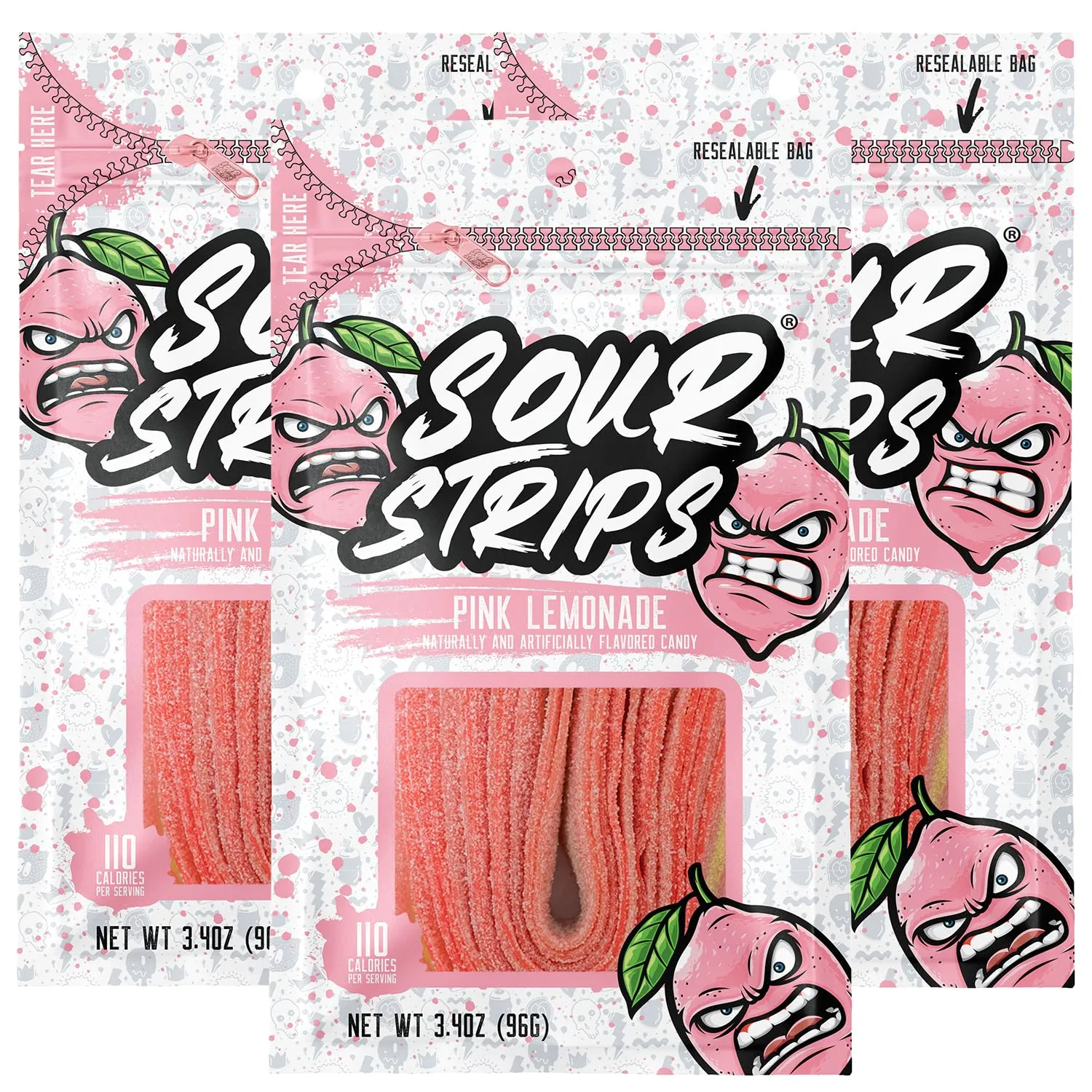 Sour Strips Flavored Sour Candy Strips, Deliciously Sour Chewy Candy Belts, Vegetarian Candies, 3 Pack (Pink Lemonade (3-Pack))