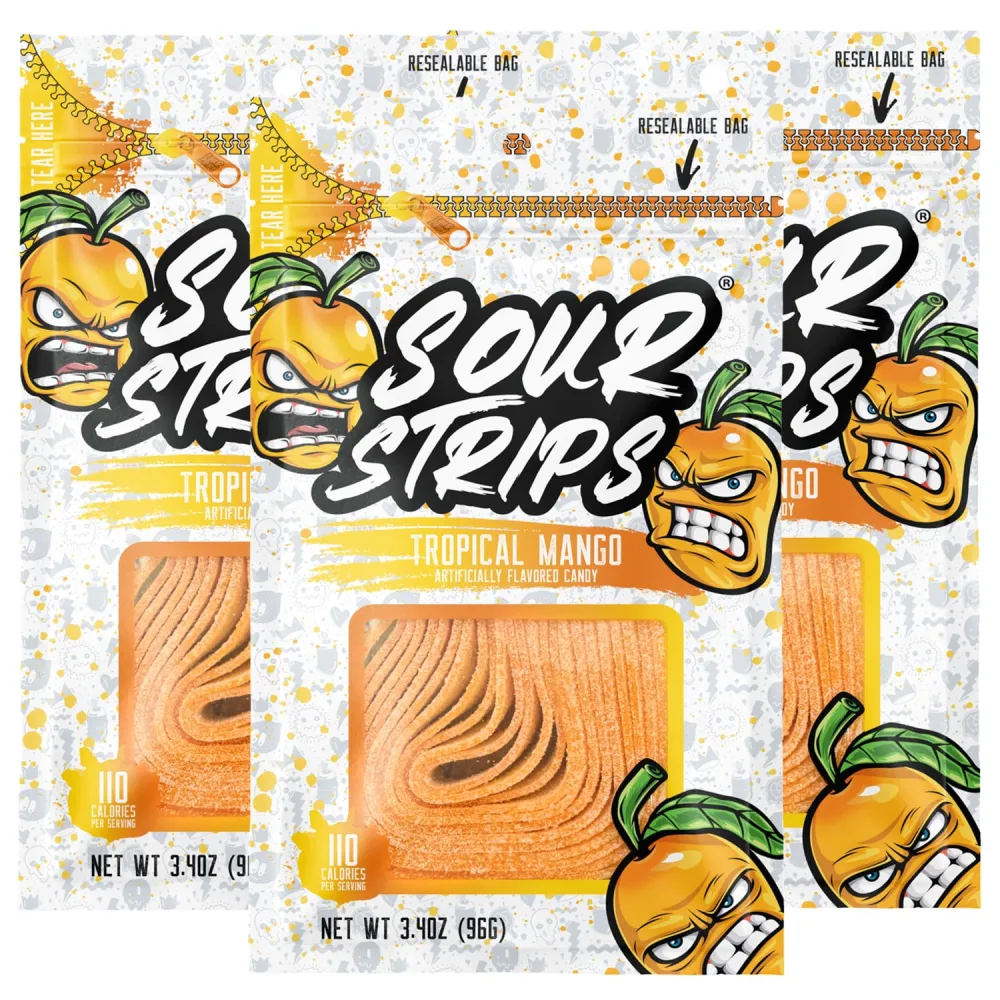 Sour Strips Flavored Sour Candy Strips, Deliciously Sour Chewy Candy Belts, Vegetarian Candies, 3 Pack (Tropical Mango (3-Pack))