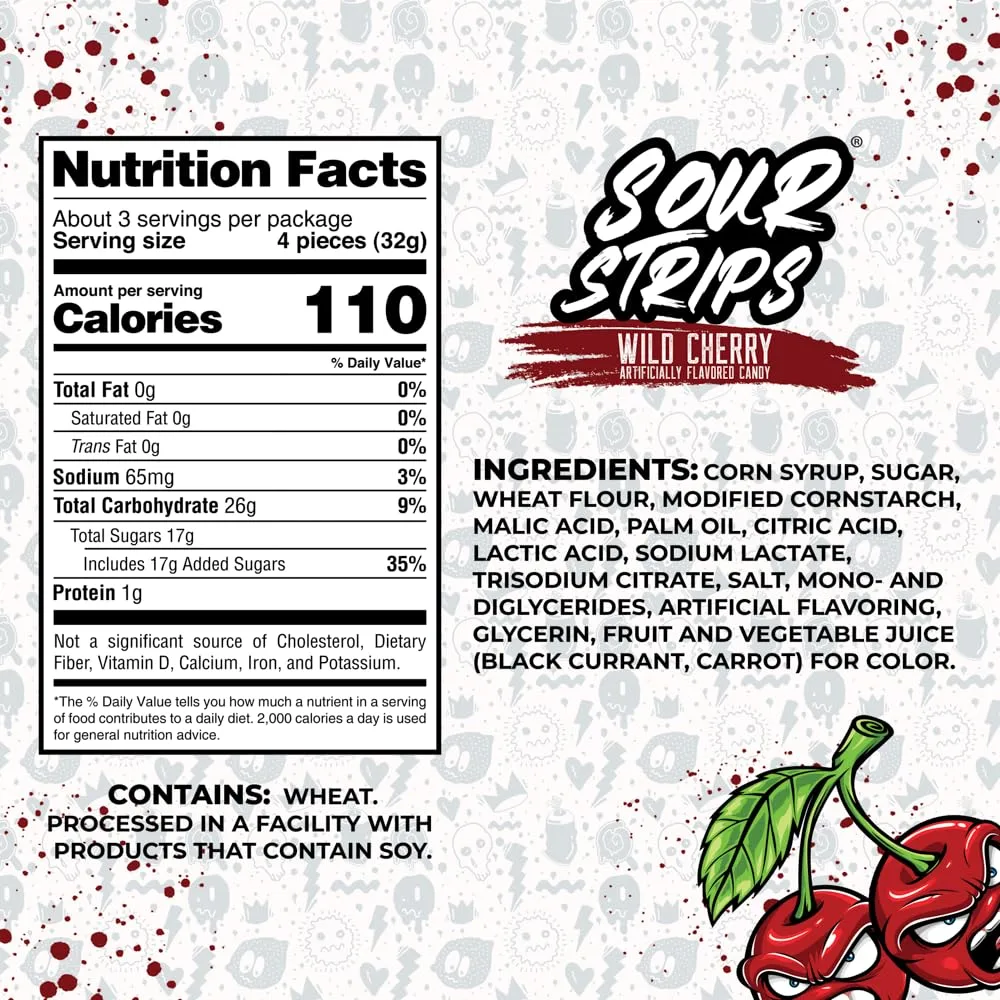 Sour Strips Flavored Sour Candy Strips, Deliciously Sour Chewy Candy Belts, Vegetarian Candies, 3 Pack (Wild Cherry (3-Pack))