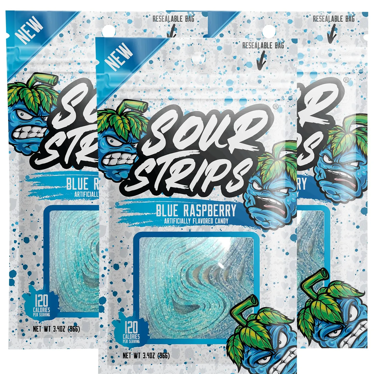 Sour Strips Flavored Sour Candy Strips, Deliciously Sour Chewy Candy Belts, Vegetarian Candies, 3 Pack (Blue Raspberry (3-Pack))