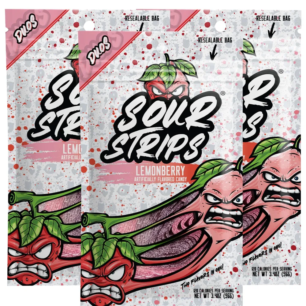 Sour Strips Flavored Sour Candy Strips, Deliciously Sour Chewy Candy Belts, Vegetarian Candies, 3 Pack (Lemonberry (3-Pack))