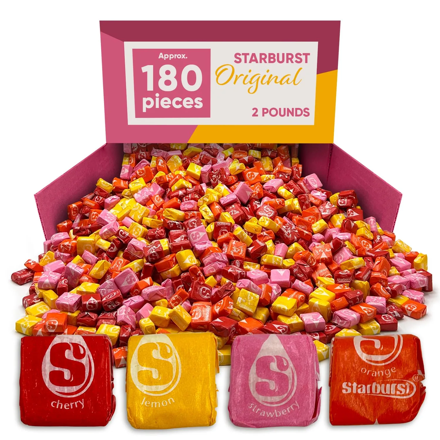 Strburst Original Fruit Chews 2 Pound Approx 180 Pieces - Bulk Candy of Individually Wrapped Candy Bulk, Tropical Chewy Fruity Candy, Perfect Fruit Snacks for Kids & Adults - Orange, Strawberry, Cherry, Lemon - Wrapped Candy Fruity Candy Small Candy Soft Candy Tropical Candy For Candy Buffet and Candy Dish