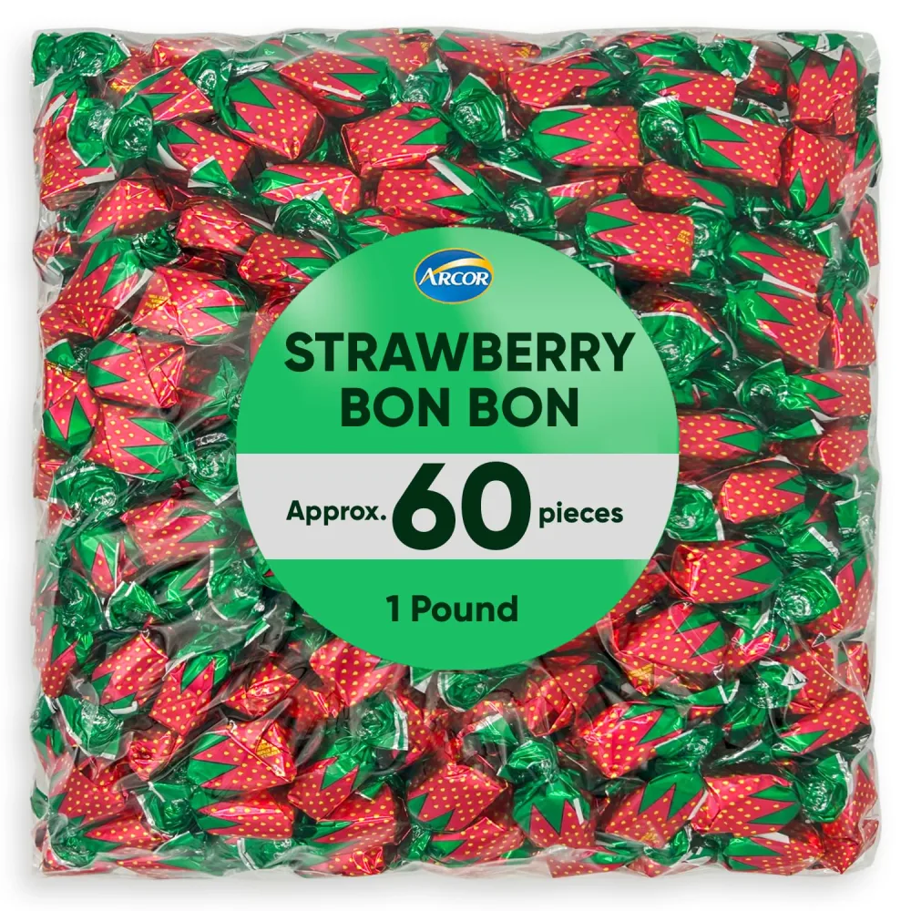 Arcor Strawberry Filled Bon Bons Candy - 1 Pound Approx 60 Pieces Fruit Flavored Hard Candy - Christmas Candy Bulk Ideal For Stocking Stuffers For Adults And Kids - Christmas Candy Individually Wrapped - Strawberry Hard Candy With Soft Center