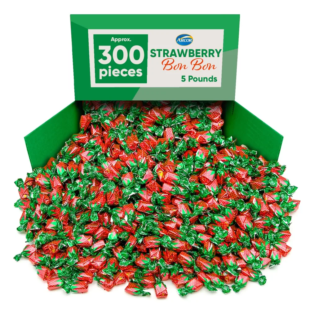 Arcor Strawberry Filled Bon Bons Candy - 5 Pounds Approx 300 Pieces Fruit Flavored Hard Candy - Christmas Candy Bulk Ideal For Stocking Stuffers For Adults And Kids - Christmas Candy Individually Wrapped - Strawberry Hard Candy With Soft Center