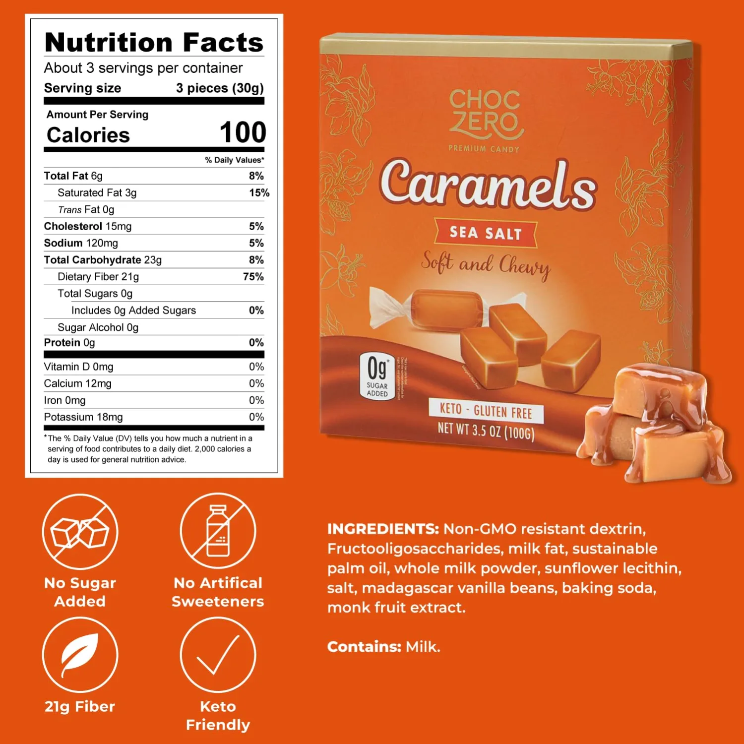ChocZero Sugar Free Caramels - Keto Candy - All Natural, Soft and Chewy - Low Carb Snack (3.5oz Box)
