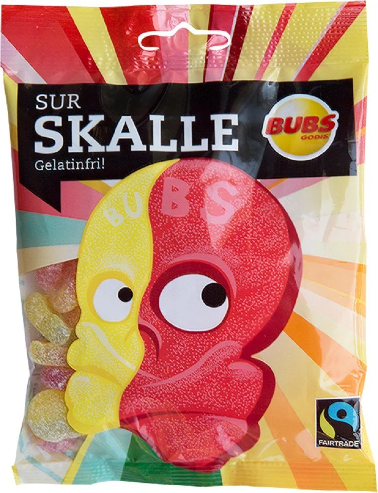 2 Bags x 90g of Bubs Godis Sur Skalle - Sur Skallar - Original - Swedish - Fruit - Sour Skull - Gelatine Free - Wine Gums - Candy