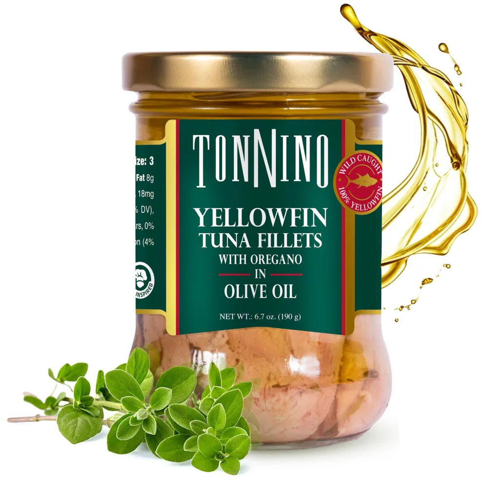 Tonnino Tuna Oregano in Olive Oil 6.3oz Premium 6-Pack: Omega-3 Rich, High Protein, Gluten-Free, Ready-to-Eat Tuna Packets for Tuna Salad, Tuna Fish Alternative to Salmon, Kosher, Pole & Line Caught