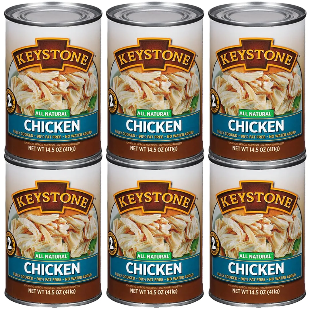 Keystone All Natural Premium Canned Chicken 14.5 Oz Fully Cooked | No Water Added | Ready to Eat | Quick Meals Emergency Survival Food Canned Meat Pack of 6