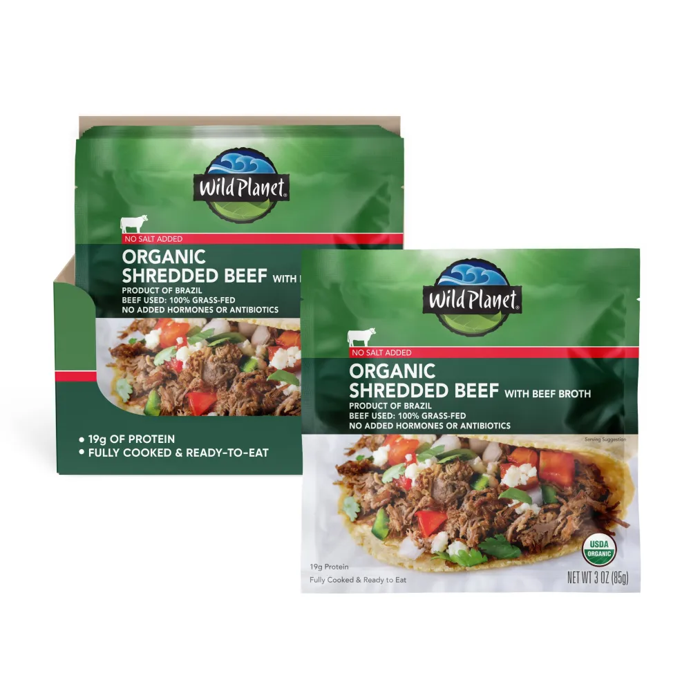 Wild Planet USDA Organic Shredded Beef with Beef Broth, No Salt Added, 3 oz Pouch (Pack of 24)