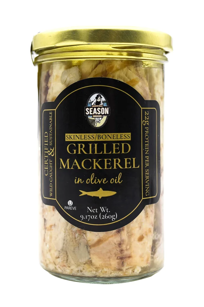 Season Grilled Mackerel in Olive Oil – Skinless & Boneless Mackerel Fillets, Wild Caught, Keto Snacks, Full of Vitamins, Low in Mercury, Kosher, Non-GMO, 22g of Protein – 9.17 Oz Glass Jar