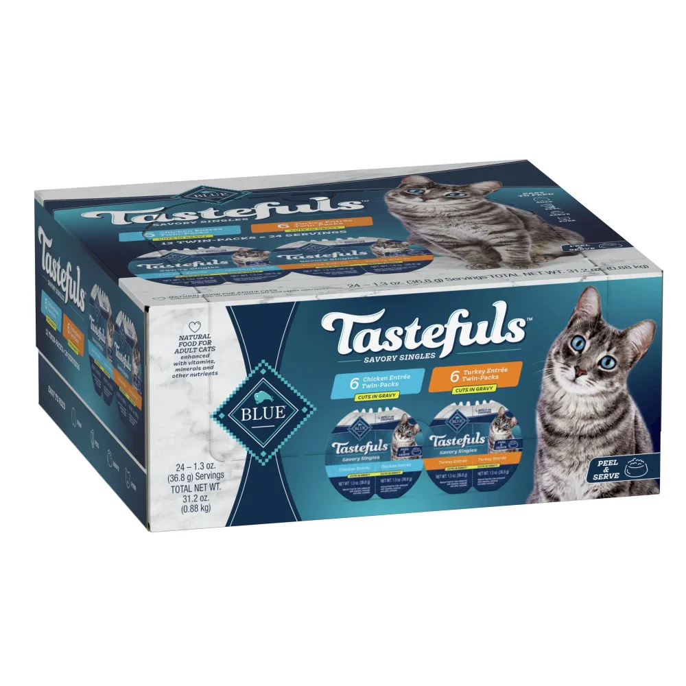 Blue Buffalo Tastefuls Savory Singles Adult Cuts in Gravy Wet Cat Food Variety Pack, Chicken and Turkey Entrée, 2.6-oz Twin-Pack Tray (12 Count - 6 of Each Flavor)