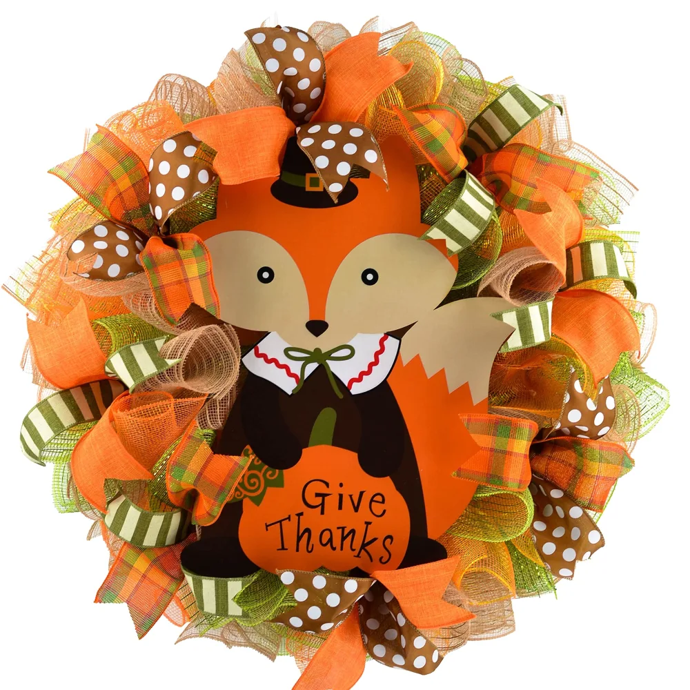 Fox Give Thanks Fall Thanksgiving Deco Mesh Door Wreath : Brown Orange Green