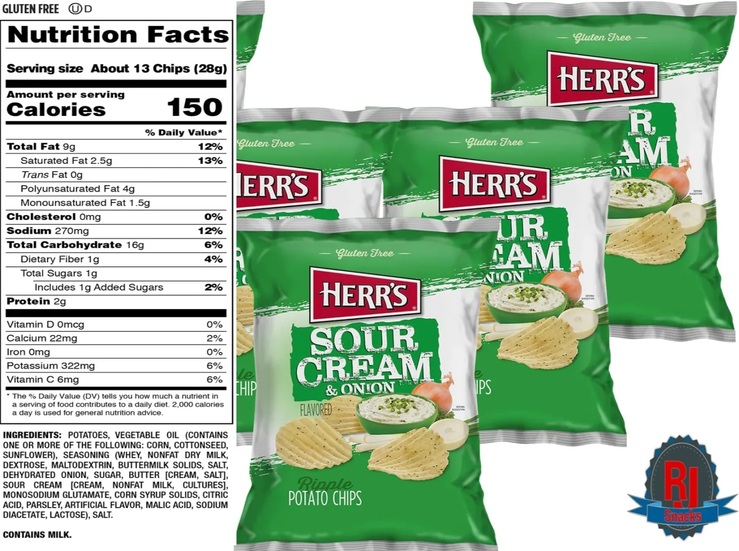Herr`s Potato Chips & Cheese Curls -,1Oz (Curated by RJ Snacks Value Pack)… (Sour Cream & Onion)
