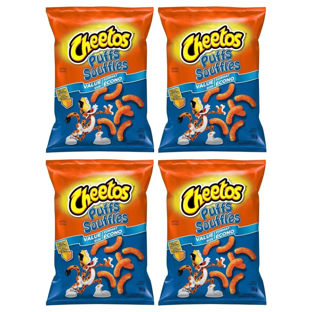 Cheetos Puffs Cheddar Cheese Snacks, Value Sized Bag, 390g/13.7oz (Pack of 4) Shipped from Canada