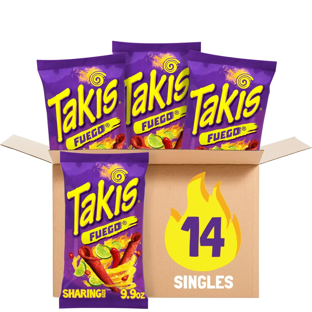 Takis Fuego 14 ct, 9.9 oz Sharing Size Case, Hot Chili Pepper & Lime Flavored Extreme Spicy Rolled Tortilla Chips