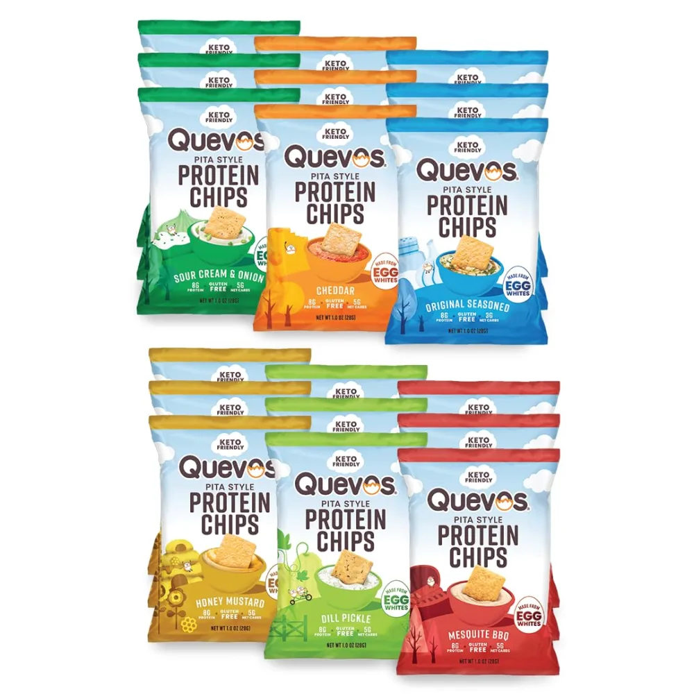 Quevos Protein Chips - The Original Low Carb Protein Chips made with Egg Whites, Crunchy Flavorful Protein & High Fiber Snacks, Keto Friendly, Diabetic & Atkins Friendly, Gluten Free, Low Carb Chips - Variety Bundle, 1 Oz (Pack of 18)