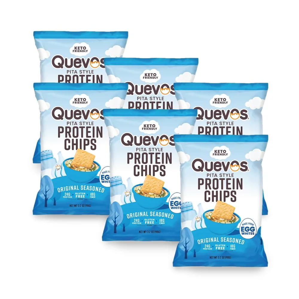 Quevos Pita Style Protein Chips, Original Seasoned, Made From Egg Whites, 24g Protein, 18g Fiber, No Artificial Flavors or Preservatives, Keto Friendly, Gluten Free, 3.2 Ounce (Pack of 6)