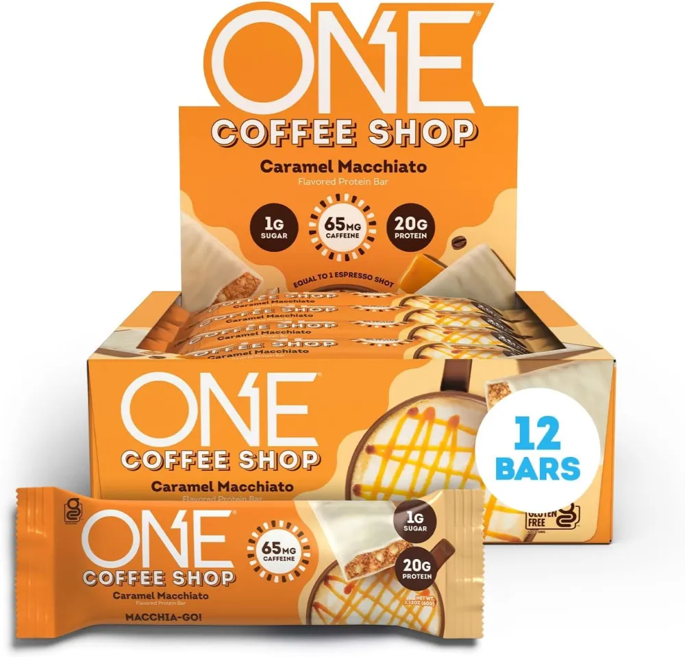 ONE Coffee Shop Protein Bars + Caffeine, Caramel Macchiato, Gluten Free with 20g and only1g Sugar, Guilt-Free Snacking for High Diets, 2.12 oz (12 Count)