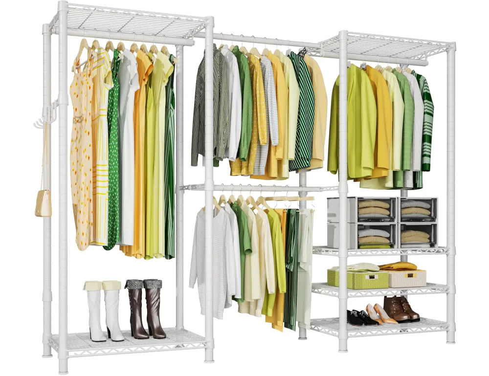 Ulif E1 Heavy Duty Clothes Rack, 6 Tiers Metal Freestanding Garment Rack, Expandable Closet Organizers and Storage with 4 Hanging Rods, Easy to Assemble, 71.4" H x (70.8" - 86.6") W x 14" D, White