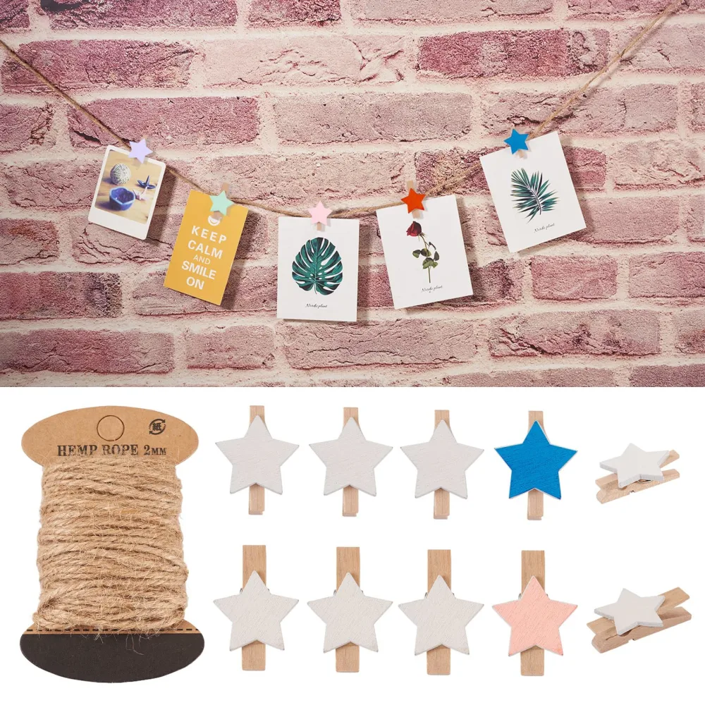 Pandahall 100Pcs Wooden Star Clothespins Photo Clips Photo Paper Pegs Clips White Mini Clothes Pins Holiday Card Holder Display with 10.9 Yards Jute Twine