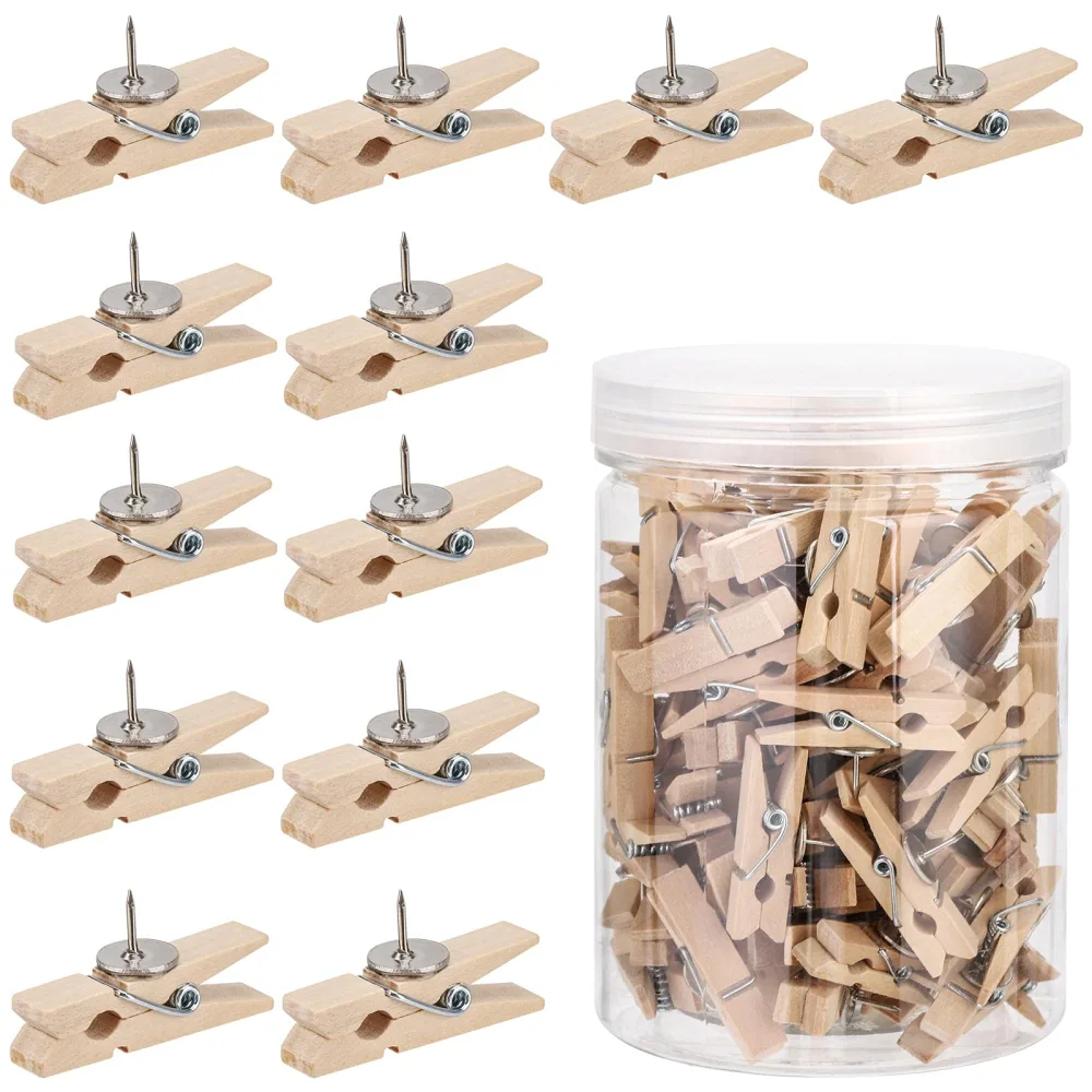 100Pcs Push Pin with Wooden Clips Tacks for Cork Board Artwork for Bulletin Board Crafts Arts Projects Photo Supplies(Wood Color)