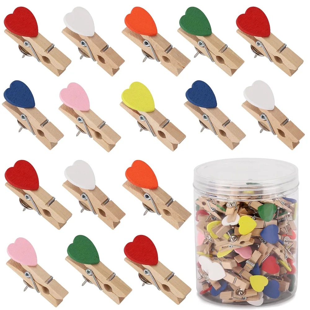 100Pcs Push Pins with Wooden Clips with Heart Push Pin Clips for Bulletin Board,Cork Board