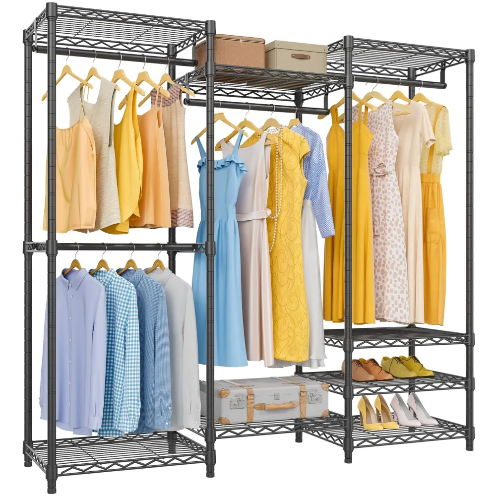 VIPEK V5 Portable Closet Wardrobe Heavy Duty Clothes Rack, Freestanding Closet Metal Clothing Rack with 4 Hang Rods & 8 Shelves, Adjustable Custom Closet Rack, 56.7" Lx15.7 Wx76.4 H, Black (Medium)