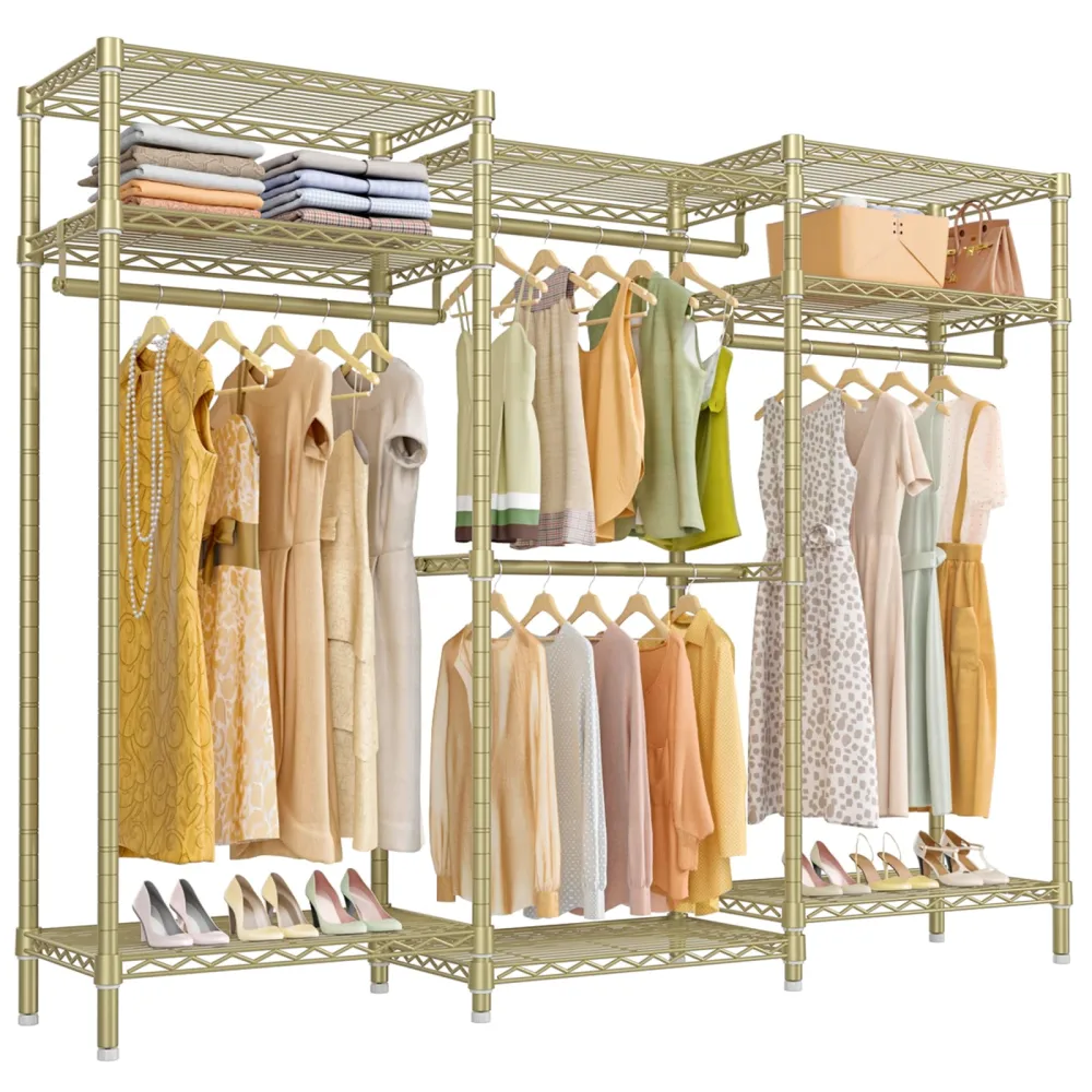 VIPEK V5i Garment Rack Heavy Duty Clothes Rack, Portable Closet Wardrobe Bedroom Armoires Freestanding Clothing Rack with 8 Adjustable Shelves & 4 Hang Rods, 68.9" L x 15.7" W x 76.4" H, Gold