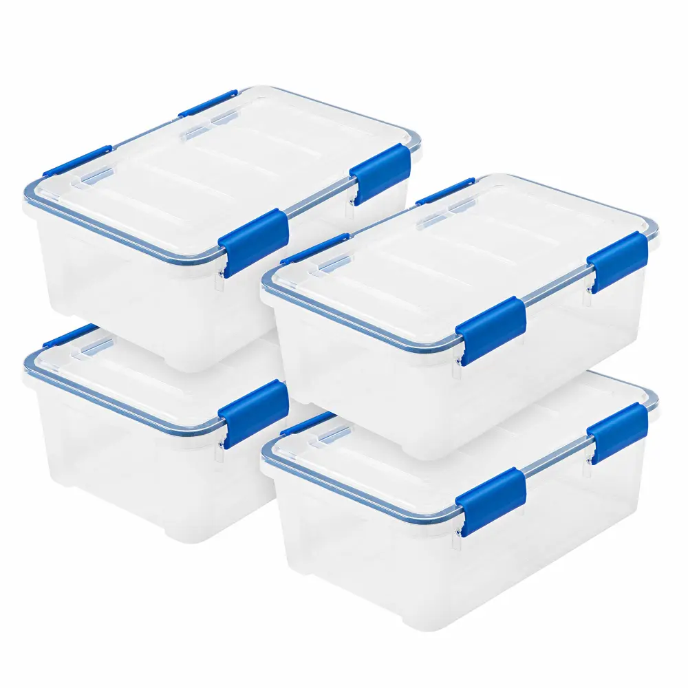 IRIS USA 16 Quart WEATHERPRO Plastic Storage Box with Durable Lid and Seal and Secure Latching Buckles, 4 Pack, Keep Pest Dust and Moisture Out, Clear/Blue