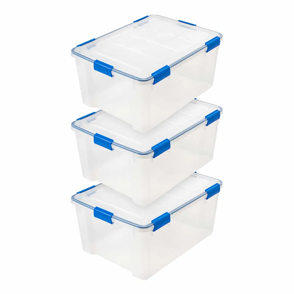 IRIS USA WEATHERPRO 60 Quart Stackable Storage Box with Airtight Gasket Seal Lid, Heavy Duty Containers with Tight Latches, Weather proof Bins for Closet Basement Attic, 3 Pack - Clear/Blue