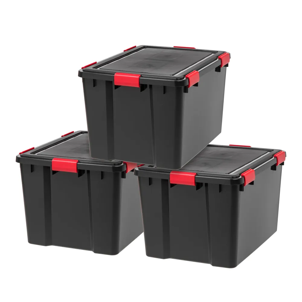 IRIS USA WEATHERPRO 74 Quart Stackable Storage Box with Airtight Gasket Seal Lid, Heavy Duty Containers with Tight Latches, Weather proof Bins for Closet Basement Attic, 3 Pack - Black