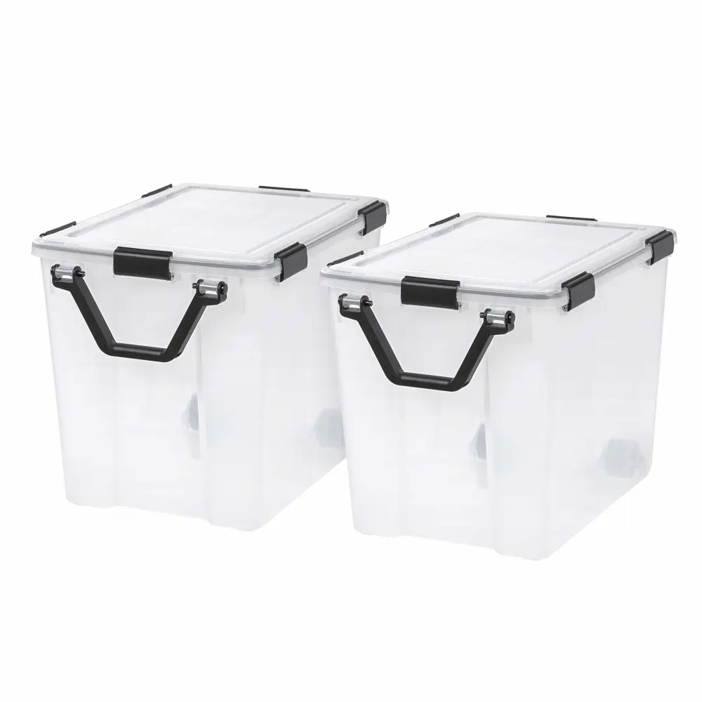 IRIS USA WEATHERPRO 103 Quart Stackable Storage Box with Airtight Gasket Seal Lid, Heavy Duty Containers with Tight Latches, Weather proof Bins for Closet Basement Attic, 2 Pack - Clear/Black