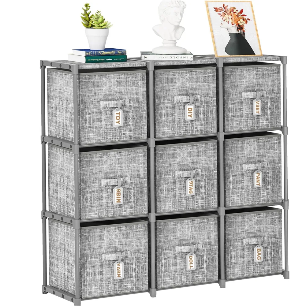 9 Cube Closet Organizers and Storage with Beautiful Printed Cube Storage Organizer Drawers + Labels,9 Cube Storage Shelf, Toy Cubby Storage Organizer, Cube Organizer