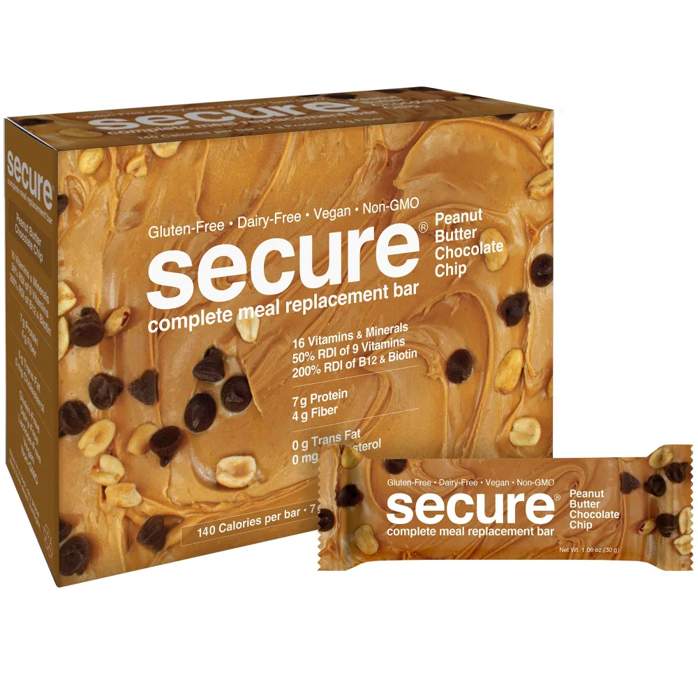 ANDREW LESSMAN Secure Complete Meal Replacement Bars - Peanut Butter Chocolate Chip - 24 ct box - Delicious and Nutritious. Gluten-Free, Dairy-Free, Vegan, Non-GMO.