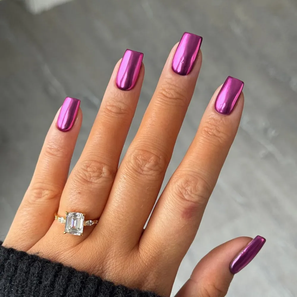 Purple Chrome Square Press on Nails Short Medium,SXVME Metallic Fake Nails Acrylic Nails Press ons,Mirror Metal Chrome Nails Glue on Nails Medium,Short Coffin Nails False Nails in 24 PCS