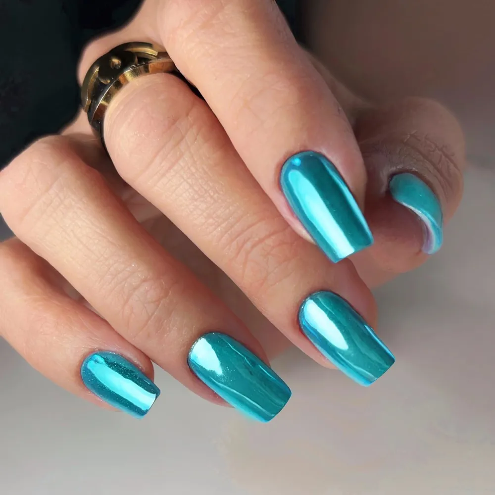 Teal Blue Chrome Square Press on Nails Short Medium,SXVME Metallic Fake Nails Acrylic Nails Press ons,Mirror Metal Chrome Nails Glue on Nails Medium,Short Coffin Nails False Nails in 24 PCS